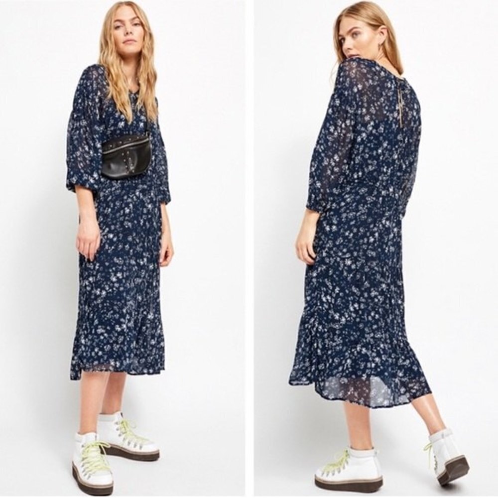 EUC Free People Wallflower Navy Blue Floral Sheer Midi Dress Unlined XS